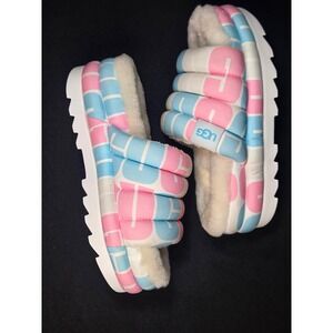 UGG Maxi Slide Fur Logo Pink Blue Puffer Platform Slippers 1127076 Womens Size 7